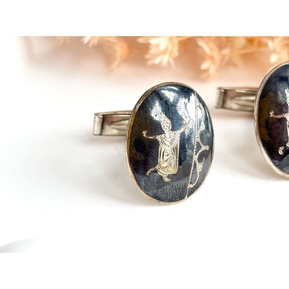 Siam Sterling Dancing Angel Oval Nielloware Enamel Vintage Black Round Cufflinks - Picture 3 of 10